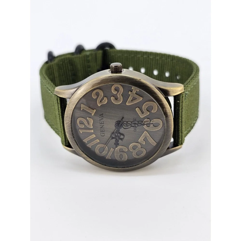 Men's Analog Watch 38MM Bronze Dial New Army Green Canvas Bands New Battery